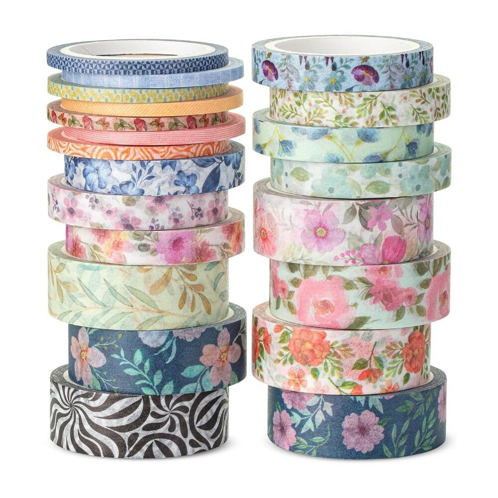 Washi Tape Set, 21 Rolls, Assorted Size, Floral Vintage, Washi Tape for Journali